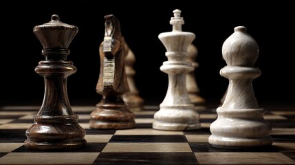 Fototapeta premium Dark Brown Wooden Chess Queen Facing White King Dramatic Strategy Game Competition Wooden Chess Pieces Close Up Detailed Image Professional Photography Studio Shot High Resolution 
