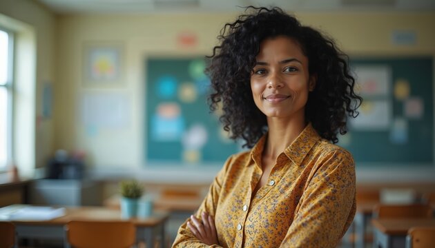 Portrait of smiling substitute teacher in classroom background. Young woman stands with crossed arms. Happy educator poses in front of blurred chalkboard. Education, school, lesson, learning concept.