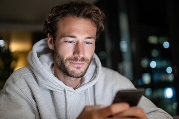 Fototapeta premium A man focuses on his smartphone in a stylish urban apartment, showcasing the integration of technology into everyday living and modern lifestyle.