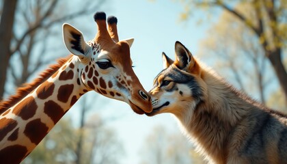 Close-up illustration of giraffe wolf. Touching noses showing nonviolent communication. Symbols of compassion. Gentle interaction, animal behaviour, side by side in wildlife, nature background.