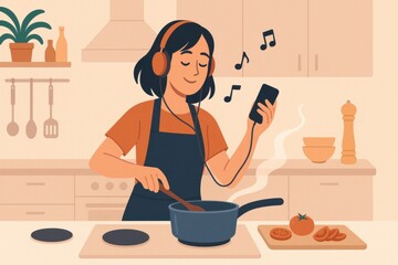 Woman cooking and listening music with headphones in kitchen