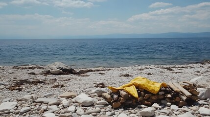 Seashore Stones Driftwood Yellow Tarp Summer Day Calm Ocean Beach Scene