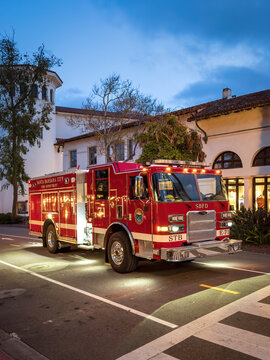 Santa Barbara, California, USA - April 14, 2024: Fire Truck of Santa Barbara City Fire Department, California, USA in the evening at State Street