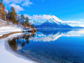 Serene Winter Landscape with Snowy Mountains and Reflected Blue Sky Over Tranquil Lake Water