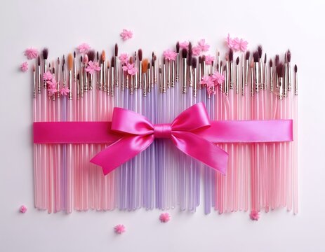 Eyelash extension brushes with pink ribbon bow and little flowers on white background. Beauty makeup accessories. Eyelash extension tools for beauty salon. Gift card. Beauty treatment service.