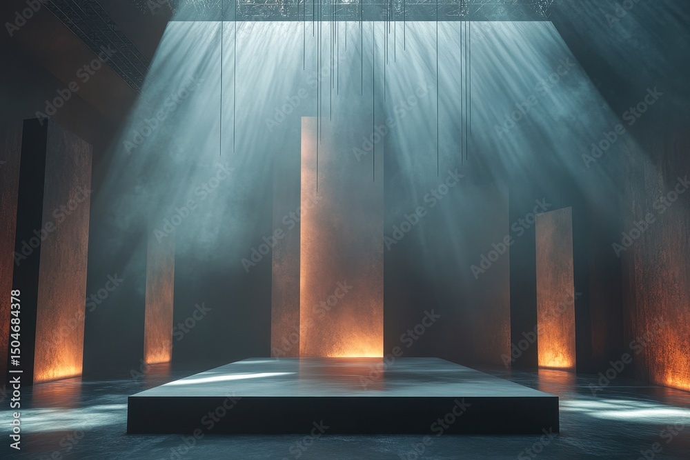 Aufkleber Dramatic lighting illuminates an empty stage with tall panels and soft beams in an artistic venue during a performance setup