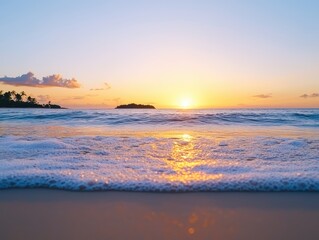 Fototapeta premium Serene Sunset Over Tranquil Ocean Waves with Gentle Foamy Surf and Soft Beach Sand in Golden Light