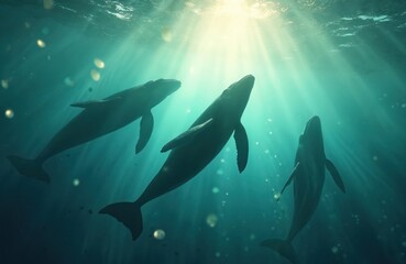 Fototapeta premium Illustration of whales swimming under water with bioluminescent plankton. Marine migration shows ethereal ocean scene. Gentle creatures, fantasy world underwater.