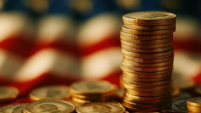 Pile of American gold coins in front of a US flag background.