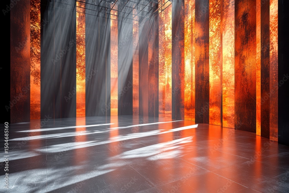Aufkleber Dramatic lighting illuminates an empty stage with tall panels and soft beams in an artistic venue during a performance setup