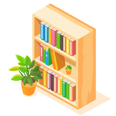 Bookshelf, cartoon vector illustration, flat 2D isometric style, white background.