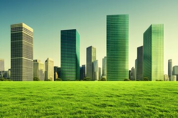 Obraz premium Eco Cityscape Green Buildings Grassy Field Urban Modern Architecture
