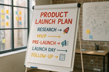 Product launch plan on flipchart in modern office