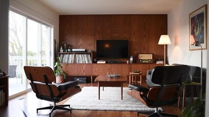 Cozy Mid Century Modern Living Room Interior With Wooden Accents