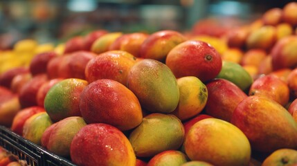 Exotic mangoes featured on fruit stand shelf