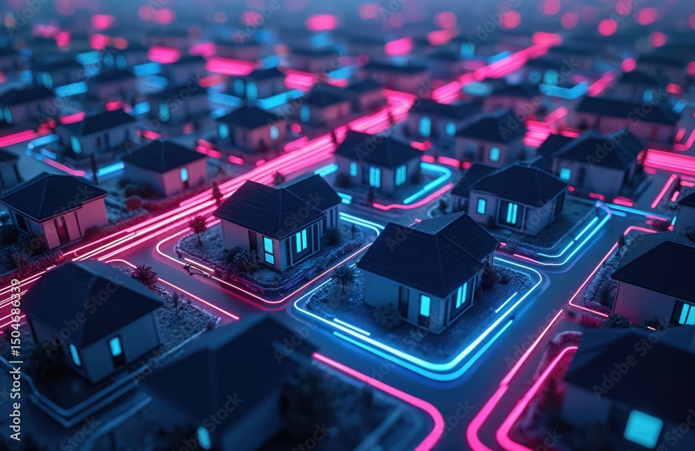 Poster electric grid design with neon lines over residential area during night. modern city with advanced p