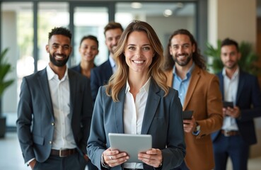 Diverse business team smiles, looks at the camera. Group of young people wearing suits in office. Happy corporate coworkers teamwork collaboration business concept.