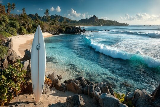 Surfboard Leaning Against Rocks by a Pristine Beach with Crystal Clear Waters and Rolling Waves