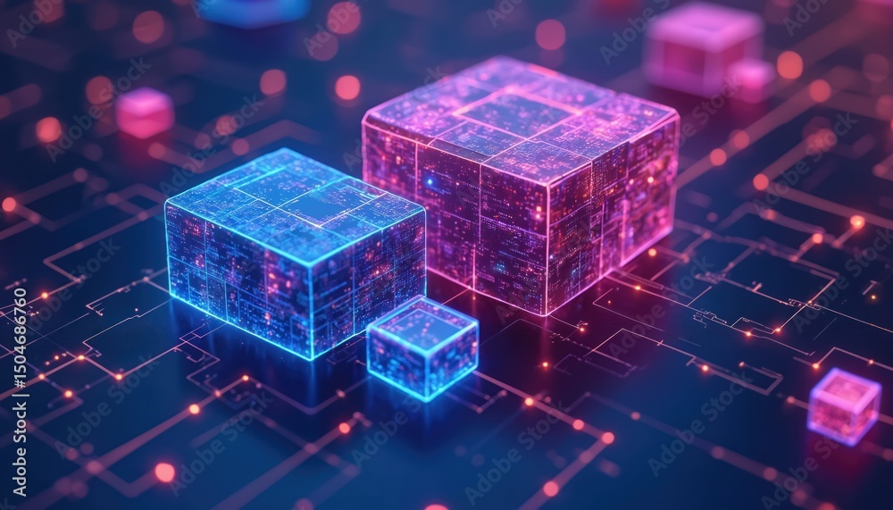 Leinwandbilder abstract digital illustration featuring data blocks connected by glowing lines. futuristic 3d tech c