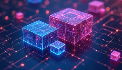 Abstract digital illustration featuring data blocks connected by glowing lines. Futuristic 3D tech concept represents network, cloud computing, data storage, information transfer, cyberspace,