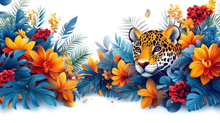 Obraz premium Colorful leopard surrounded by vibrant flowers and foliage in a tropical setting
