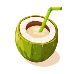 Chilled Coconut Water, flat 2D isometric cartoon vector image isolated on white background.