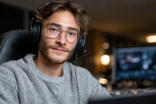 A young man wearing glasses and a headset sits at a computer, fully engaged in his gaming experience, showcasing the modern digital lifestyle and connection to technology.