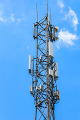 Same telecommunications tower structure photographed from similar vertical angle showing antenna configuration details