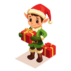 Christmas Elf, flat 2D isometric cartoon vector image isolated on white background.