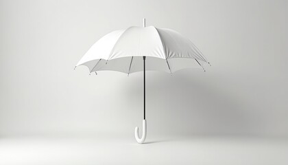 White umbrella isolated on white background. Protection from rain and sun. Accessory for travel. Open parasol with handle. Autumn season. Weather protection. Mockup for product presentation.