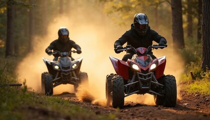 ATV racers compete in speed race in forest. Riders drive all-terrain vehicles on dusty track. Motorsport ATV off-road adventure. Active lifestyle, travel, vacation concept.