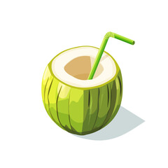 Chilled Coconut Water, flat 2D isometric cartoon vector image isolated on white background.