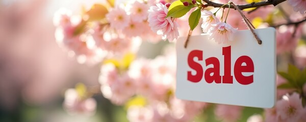 Spring sale announcement among blooming cherry blossoms. White sign with red sale text hangs from flowering tree branch. Blooming spring flowers nature background. Advertising promotion.