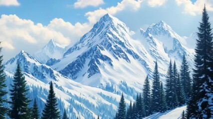 Breathtaking snowy mountain peaks with pine trees and clear blue sky. - Powered by Adobe