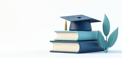 Illustration academic achievement. Stack of books with graduation cap, symbol of education, knowledge, learning. Academic success concept, educational progress, student life, college graduation, high