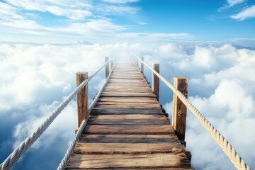 Obraz premium Wooden bridge across clouds to the sky