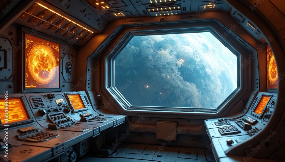 Aufkleber Futuristic spaceship interior with view of Earth from cockpit window. Hologram navigation, control panels and computer. Sci-fi concept for tech and space exploration. Modern space station interior.