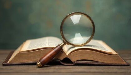 Magnifying glass on open book on wooden desk. Vintage antique literary theme. Education reading, exploration. Literature research concept. Knowledge, discovery, learn. Library, history, science.