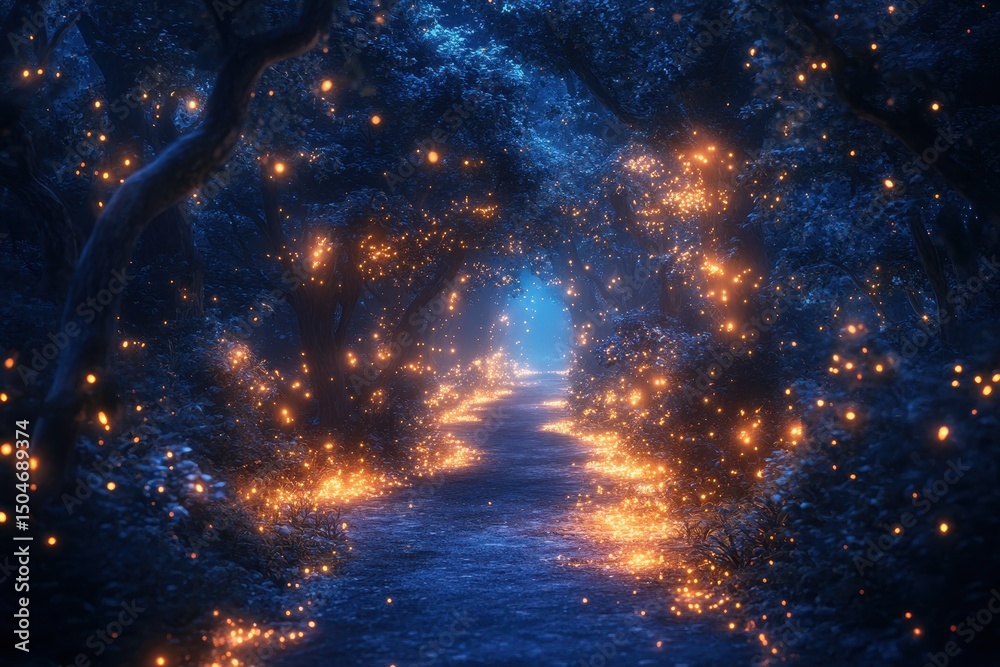Aufkleber magical pathway illuminated by fireflies in a tranquil forest at twilight on a serene summer evening