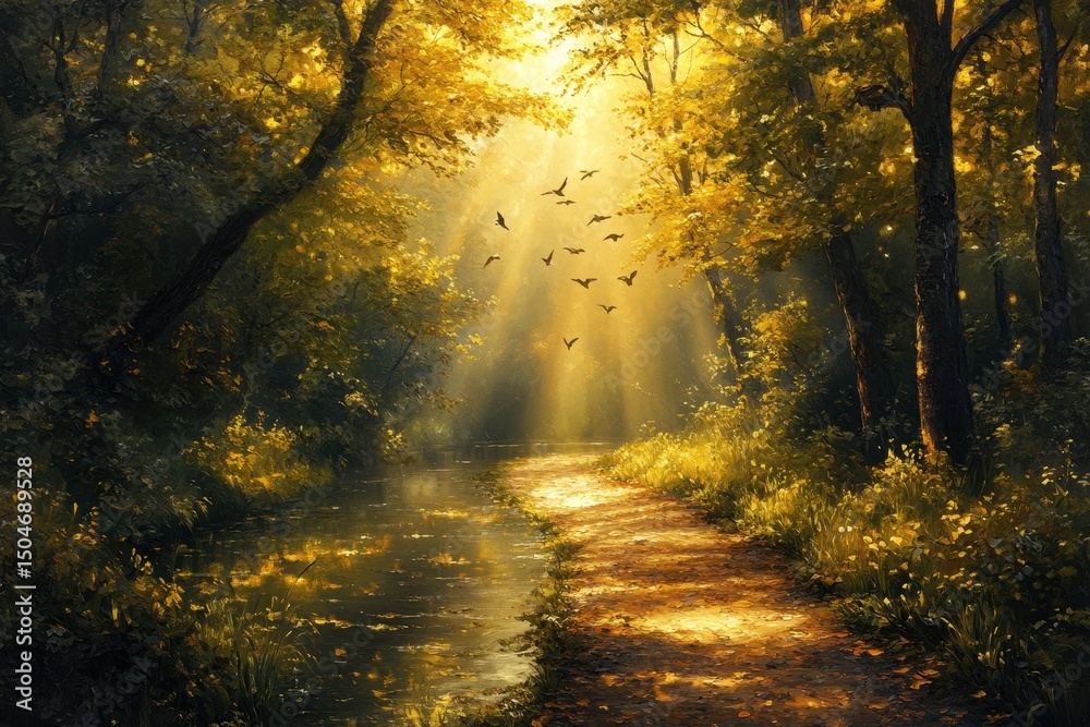 Poster serene forest landscape with golden sunlight filtering through trees and birds soaring above a windi