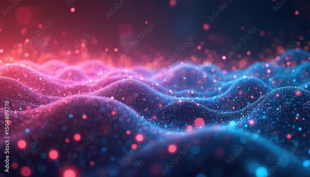 Poster abstract digital art data flow, network. blue, red glowing particles form waves. technology, digital