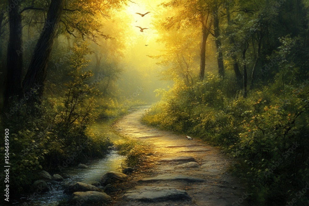 Poster serene forest landscape with golden sunlight filtering through trees and birds soaring above a windi