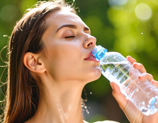 Woman Refreshing Herself with Water Outdoors on a Sunny Day