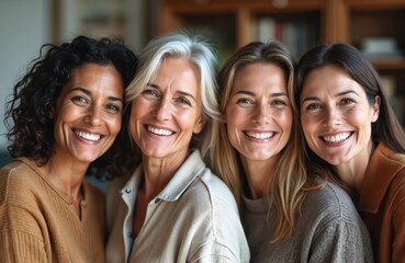 Fototapeta premium Group of diverse middle-aged women smiling, looking at camera. Portraits of happy multiracial women in casual attire. Friendship, togetherness, joy, positivity, confidence, inclusion. Community,