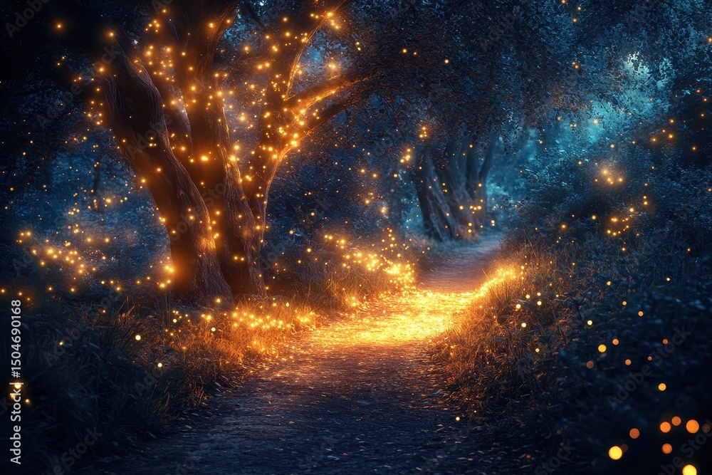 Poster Magical pathway illuminated by fireflies in a tranquil forest at twilight on a serene summer evening