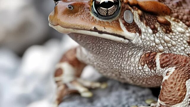 A close-up of a vibrant pond frog resting on the ground.