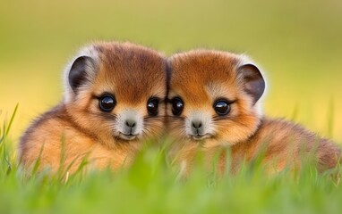 Obraz premium Adorable Twin Ezomys Baby Animals in Grass
