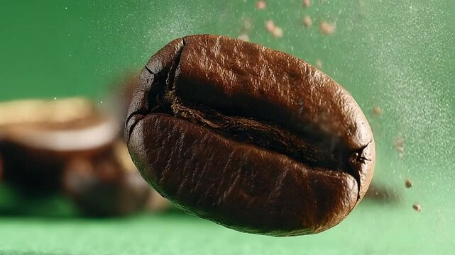 Coffee Bean's Close-Up: A macro photograph that captures a single, perfectly roasted coffee bean, showcasing its rich texture and inviting aroma against a vibrant backdrop.