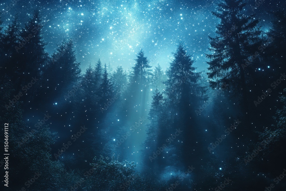 Poster majestic starry night illuminating a tranquil forest filled with towering trees and soft mist under 