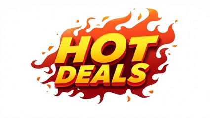 Vibrant hot deals logo graphic with fiery design elements on white background